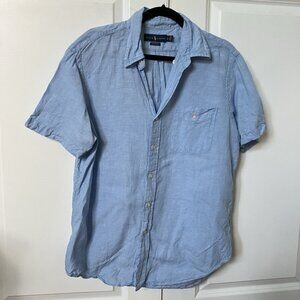 Ralph Lauren Linen Shirt Mens L Blue Short Sleeve Pony Logo Button Up Camp